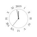 2019 New Year clock. Round retro clock with Roman numbers, and 2019 midnight numbers Royalty Free Stock Photo