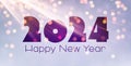 New Year 2024 color gradient background with beautiful sun rays and blurred yellow round lights