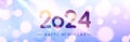 New Year 2024 color gradient horizontal banner with beautiful sun rays and blurred yellow round lights