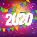 2020 New Year of a colorful celebrate background with flag garland element. Happy holidays purple greeting design modern card