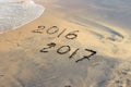New Year 2017 is coming concept - inscription 2016 and 2017 on a beach sand Royalty Free Stock Photo