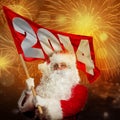 New year coming by Santa Claus. Santa with 2014 flag in firework Royalty Free Stock Photo