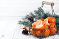 New year composition in basket with mandarins Royalty Free Stock Photo