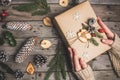 New Year composition of dried fruits on a wooden table. Christmas background. Flat lay. Top view