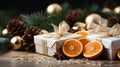 New Year composition. gift boxes, dry orange slices, fir branches and pine cones christmas concept Royalty Free Stock Photo