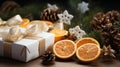 New Year composition. gift boxes, dry orange slices, fir branches and pine cones christmas concept Royalty Free Stock Photo
