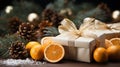 New Year composition. gift boxes, dry orange slices, fir branches and pine cones christmas concept Royalty Free Stock Photo