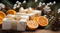 New Year composition. gift boxes, dry orange slices, fir branches and pine cones christmas concept Royalty Free Stock Photo