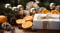 New Year composition. gift boxes, dry orange slices, fir branches and pine cones christmas concept Royalty Free Stock Photo