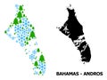 New Year Composition Map of Bahamas - Andros Island with Snowflakes and Fir-Trees