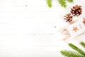 New Year composition on a wooden table. Christmas background. Flat lay.Top view