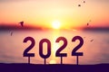 2022 new year concept with birds flying on sunset sky background at tropical beach Royalty Free Stock Photo