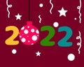 New year concept and celebrations, 2022 numbers orange green blue and decorated with white circle lines on red background.