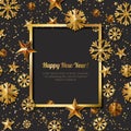 New Year concept. 3d gold stars and snowflakes with square frame. Vector illustration.