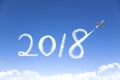 New year 2018 concept.drawing by airplane in sky Royalty Free Stock Photo