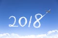 New year 2018 concept.drawing by airplane in sky