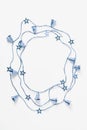 New year concept. the frame of blue Christmas beads on a white background. simple flat lay composition, copy space, vertical frame Royalty Free Stock Photo