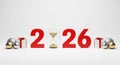 New Year 2026 concept with an hourglass countdown, Christmas ornaments, and gift boxes Royalty Free Stock Photo
