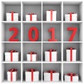 New Year concept: numbers and gift boxes in book shelf