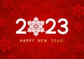 New Year concept - 2023 numbers on red background with paper snowflakes for winter holidays design 4