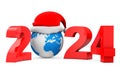 2024 New Year Concept. Santa Hat over Earth Globe. 3d Rendering Royalty Free Stock Photo