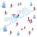 New Year 2021 concept - skier left a trace in