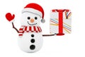 New Year Concept. Snowman with Christmas Stripped White Gift Box