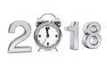 New Year 2018 concept. 2018 Steel Sign with Alarm Clock. 3d Rend Royalty Free Stock Photo