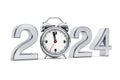 New Year 2024 concept. 2024 Steel Sign with Alarm Clock. 3d Rendering
