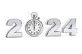 New year 2024 concept. 2024 steel sign with stopwatch. 3d Rendering