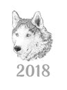 New Year 2018 congratulation card. Husky dog Portrait. Engraving monochrome hand drawing image isolated on white