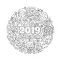 New year congratulation card with numbers 2018 on winter holiday background. Christmas mandala. Antistress coloring book