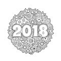 New year congratulation card with numbers 2018 on winter holiday background. Christmas mandala. Antistress coloring book
