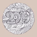New year congratulation card with numbers 2019 in zentangle inspired style. Christmas mandala. Zen monochrome graphic