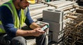 Construction Worker Using Phone on Building Site, Concrete Blocks, 2026,new year 2026 Royalty Free Stock Photo