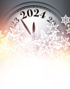 New Year 2024 countdown clock on beautiful silver background with paper snowflakes and lights