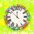 New Year 2024 countdown clock with colourful bulbs over green background