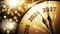New Year 2027 Countdown Clock with Golden Fireworks and Sparkling Bokeh Background Royalty Free Stock Photo