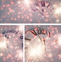 New Year 2024 countdown clock over background with fireworks and defocused lights. Set of Purple banners