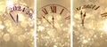 New Year 2024 countdown clock over background with glisters and defocused lights. Vertical golden banners