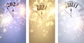 New Year 2024 countdown clock over background with glisters and defocused lights. Vertical purple and golden banners Royalty Free Stock Photo