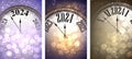 New Year 2024 countdown clock over background with glisters and defocused lights. Vertical purple and golden banners