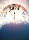 New Year 2024 countdown clock over silver background with sparkles and defocused lights. Blue place for text Royalty Free Stock Photo