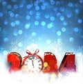 New Year 2024 countdown clock and red bow over blue background with glisters and defocused lights