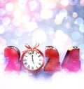 New Year 2024 countdown clock and red bow over silver background with glisters and defocused lights