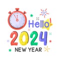 New year 2024 countdown hand drawn sticker, hello 2024 countdown icon