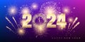 2024 New Year countdown. Holiday banner with fireworks and snowflakes. Gold numbers and holiday clock. Explosion of fireworks on