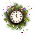 New Year countdown watch over colorful confetti and green fir branches. Holiday clock with golden confetti