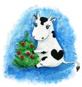 New Year Cow cute illustration. Gouache painting is nice illustration for any Christmas and New year stuff for children, prints