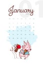 New Year 2019. Creative calendar for January with cute pig. Concept, vector vertical editable template.